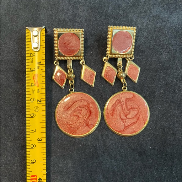 Vintage Artisan Pink Swirl Enamel and Gold Tone Earrings - Picture 2 of 3